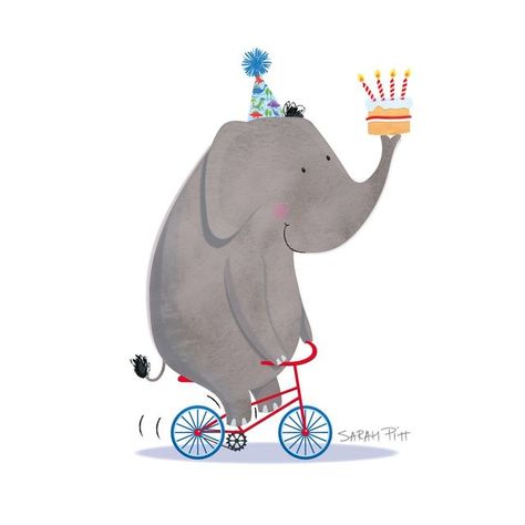 Birthday Animal Illustration, Party Animals Illustration, New Baby Art, Birthday Animal Drawing, Animals With Hats, Birthday Card Illustration, Birthday Elephant, Celebration Illustration, Party Illustration