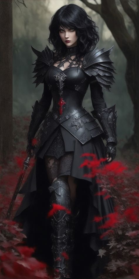 Strong Woman Hairstyle, Goth Armor Female, Gothic Armor Female, Queen Warrior Outfit, Black Armor Dress, Dark Fantasy Outfits Art, Warrior Woman Pose, Female Character Art Black Hair, Goth Fantasy Outfit