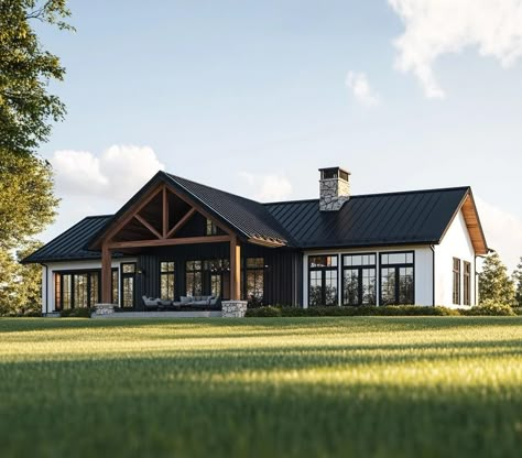 Barndo & Co | Just a beautiful covered porch off this barndo🥰. #barndominiumplans #barndominiumexperts #barndominiumfloorplans #barndoandco | Instagram Barnhouse Homes Exterior, Modern Farmhouse Architecture Plans, One Floor House Exterior, Modern Farmhouse Designs, One Floor House Design Modern, Modern Barn House Exterior, White Barndominium Exterior, Barnhouse Style, Two Floor House