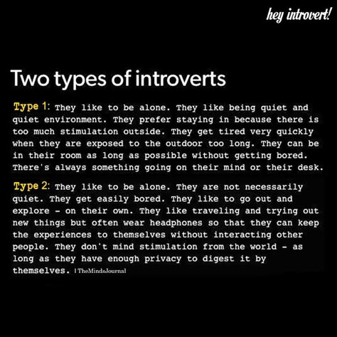 Two Types Of Introverts - https://themindsjournal.com/two-types-of-introverts-2/ Types Of Introverts, Introvert Personality, Introvert Problems, Introverts Unite, Introvert Quotes, Infp Personality, Introvert Humor, Extroverted Introvert, Infj Personality