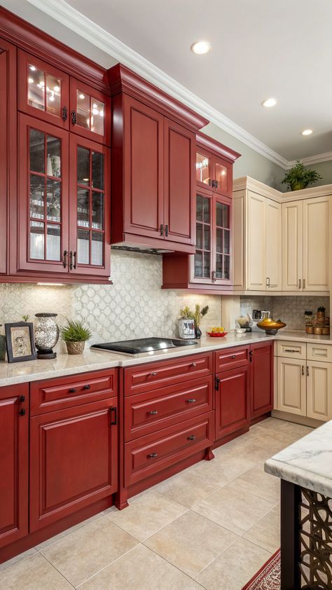 Kitchen Cabinet Color Ideas Trending Cabinet Colors, Warm Inviting Kitchen, Balanced Aesthetic, Cabinet Color Ideas, Kitchen Cabinet Color Ideas, Red Cabinets, Kitchen Cabinet Color, Inviting Kitchen, Bold Kitchen