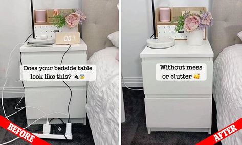 Simple trick to hide chargers from your bedside table sparks debate Night Stand Organization Bedside Tables, Bedside Table Cable Management, Bedside Table Cord Organization, Organizing Bedside Table, Bedside Table Organization Ideas, Wire Bedside Table, Bedside Organization, Bedside Table Organization, Timber Bedside Table