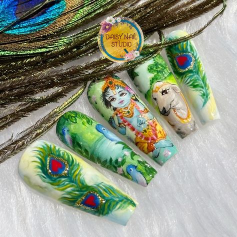 freehand nail art Janamastmi Nail Art Design, Janmastmi Nail Art, Radha Krishna Nail Art Design, Radha Krishna Nail Art, Krishna Nail Art Design, Janmashtami Nail Art, Krishna Holi, Deco Nails, Freehand Nail Art