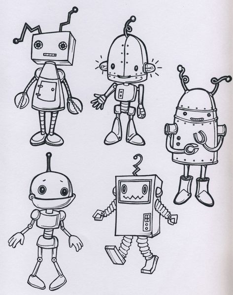 robots | robot drawings for fabric design | Star Primm | Flickr Robot Drawing Ideas, Face Drawing Easy, Robot Drawing, Robot Tattoo, Simple Face Drawing, Robot Sketch, Robot Cartoon, Robot Illustration, Arte Robot