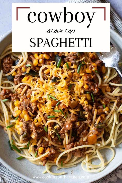 Cowboy Spaghetti is cooked stove-top and with hearty ingredients the whole family will love. Ground beef, spaghetti, warm spices and plenty of cheese. Cowboy Spaghetti is easy to make and one of those recipes with so much flavor, you simply can’t quit eating. Great ground beef recipe. Ground Beef Spaghetti, Cowboy Spaghetti, Cowboy Recipes, Beef Spaghetti, Authentic Mexican Food Recipes, Easy Mexican Recipes, Family Breakfast Recipes, Southwestern Recipes, Mexican Appetizers