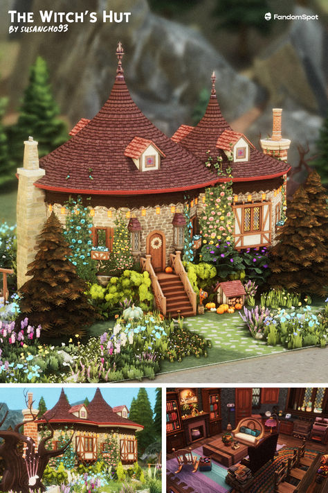 # 25 in our collection of custom housing lots for TS4! Sims 4 Fairy House, Sims 4 Treehouse, Sims 4 Witch House, Sims Apartment, Glass Panel Wall, Cc Top, Halloween City, Building Inspiration, Sims Builds