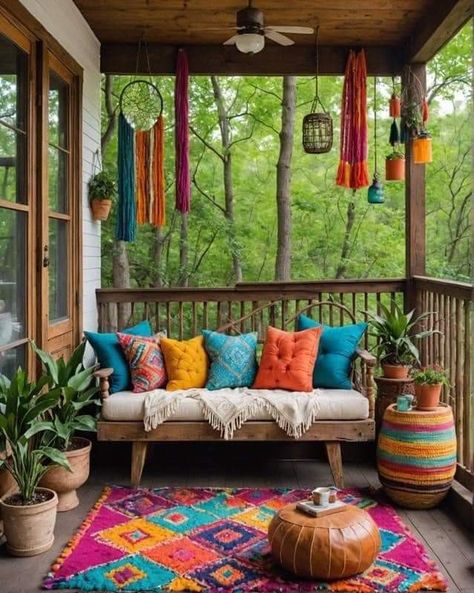 Moroccan Patio Ideas, Boho Deck Decorating Ideas, Bohemian Porch, Porch Vibes, Moroccan Houses, Outdoor Cabana, Boho Apartments, Cottage Decorating, Back Porches