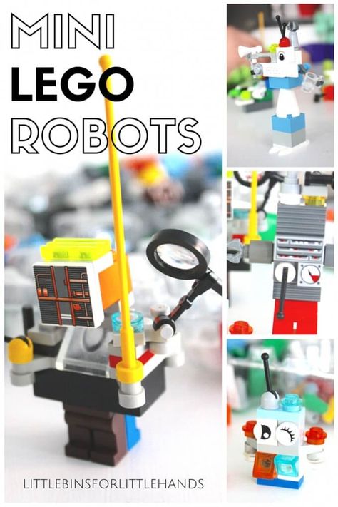 Building mini LEGO robots for a fine motor STEAM activity Art Gadgets, Robot Activity, Lego Camp, Activity Kindergarten, Lego Avengers, Steam Activity, Used Legos, Construction Play, Lego Challenge