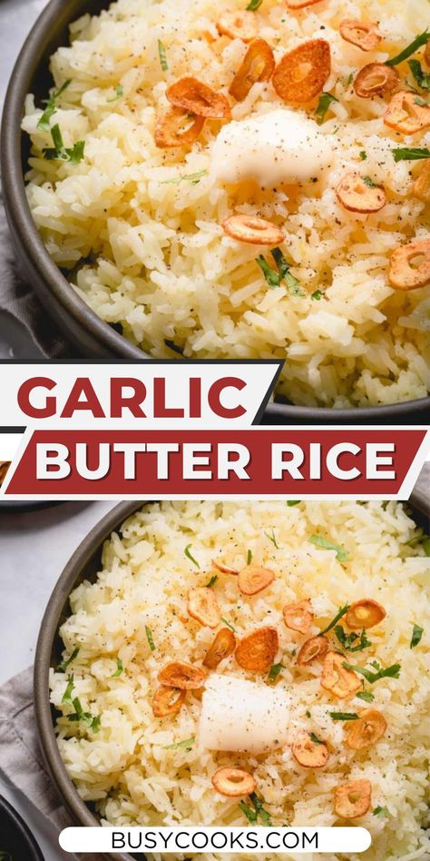 Garlic butter rice is an amazingly flavorful side dish that goes well with almost every cuisine that there is. Garlic Rice Recipe, Garlic Rice Recipes, Garlic Butter Rice, Buttery Rice, Garlic Chips, Garlic Rice, Vegetarian Chicken, Butter Rice, Long Grain Rice