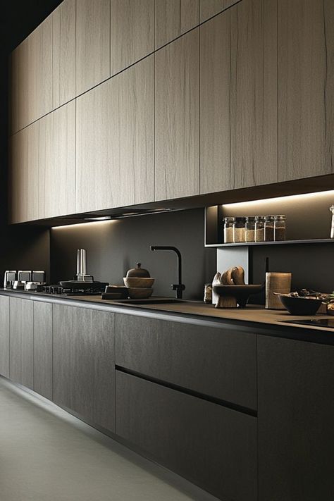 Add contrast with dual-tone kitchen cabinets for a modern, stylish look. #DualToneCabinets #KitchenDecor #ModernDesign Black Wood Grain Kitchen Cabinets, Dual Tone Kitchen Cabinets, Kitchen Cabinets Contemporary, Dark Lower Cabinets, Single Wall Kitchen, Minimalist Kitchen Cabinets, Slab Cabinets, Top Kitchen Cabinets, Kitchen Slab