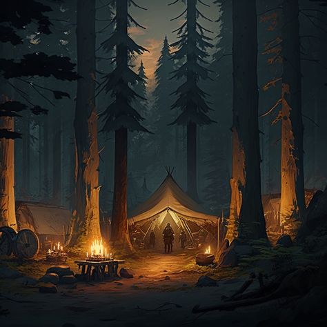 Fantasy Bandit Camp, Dnd Camp Aesthetic, Fantasy Camp Art, Fantasy Camp Aesthetic, Dnd Campsite, Adventure Fantasy Art, Dnd Scene Art, Fantasy Campsite, Woods Fantasy Art