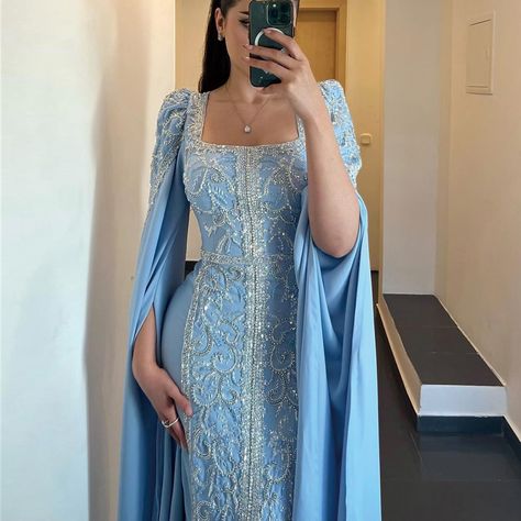 SS365 Luxury Dubai Blue Mermaid Muslim Evening Dresses with Cape Sleeves Arabic Women Wedding Engagement Party Gowns 💙💙💙 #couturedress #formaldress #wedding #guest #luxurywedding #summerwedding #couture #weddingdress #eveningdress #فساتين_زفاف #الامارات #فساتين_سهره #düğün #nişanelbisesi #bridalcouture #dreamweddingdress #bridetobe #bridalwear #مسلمون #المملكة #PartyDress #engaged Nikkah Dress, Exquisite Gowns, Dress Muslim, Moroccan Dress, Prom Dresses Modest, فستان سهرة, Mermaid Evening Dresses, Modest Fashion Outfits, Abayas Fashion