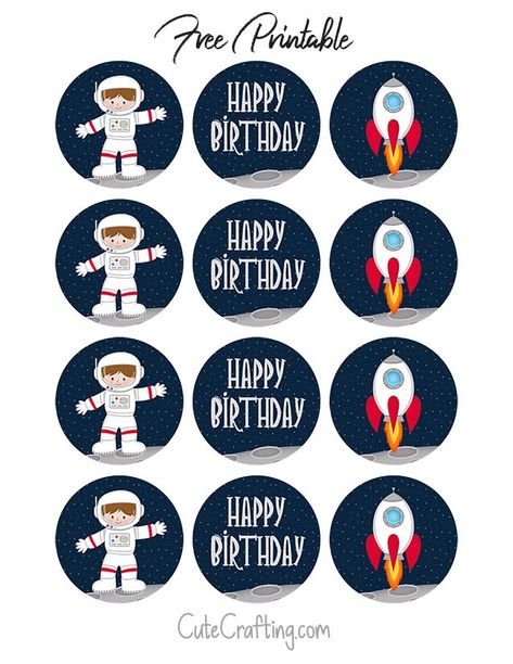 Outer Space Astronaut Spaceship Printable Happy Birthday Cupcake Toppers Astronaut Cupcakes Space Theme, Astronaut Cupcake Toppers, Space Party Free Printables, Nasa Decorations Space Party, Space Theme Cake Topper Printable, Space Cake Topper Printable, Astronaut Cake Topper Printable, Space Themed Birthday Party Decoration, Spaceship Printable