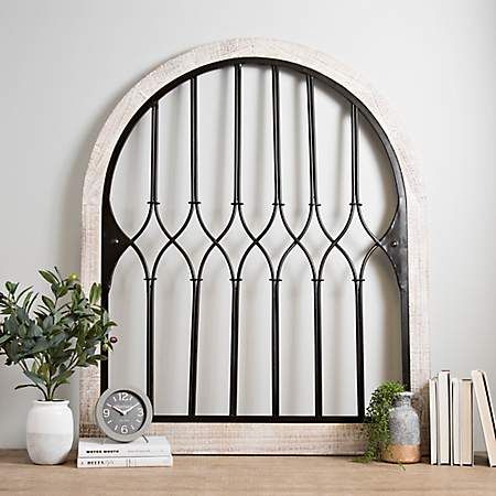 Wood and Metal Tower Arch Wall Plaque | Kirklands Iron Entry Gates, Iron Window Grill, Wrought Iron Garden Gates, Home Window Grill Design, Window Grills, Arch Window, Window Bars, Wood Wall Plaques, Grill Door Design