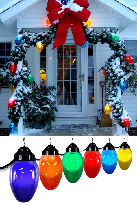 Christmas Outdoor Ornaments, Large Christmas Bulbs Outside, Giant Light Bulb Christmas, Jumbo Outdoor Christmas Decorations, Diy Jumbo Christmas Lights, Jumbo Christmas Decorations, Large Christmas Lights Diy, Big Bulb Christmas Lights On House, Diy Giant Christmas Lights