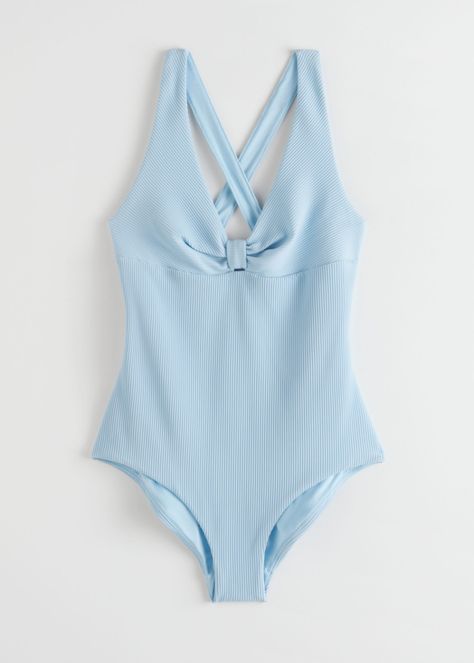 Criss Cross Ribbed Tie Knot Swimsuit - Light Blue - Swimsuits - & Other Stories #andotherstories #swimwear #tieknot #swimsuit #blue #light #pastel #swimsuits #cute #summer Light Blue Swimsuit, Forever 21 Girls Outfits, Holiday Capsule Wardrobe, Cheap Swimwear, High Waisted Tankini, Blue One Piece Swimsuit, Blue One Piece, Blue Swimsuit, Tie Knots