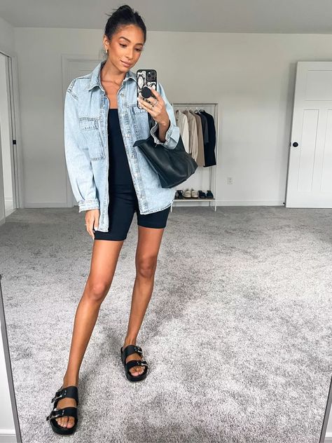 Button Down Shirt Biker Shorts, Biker Shorts And Jean Jacket Outfit, Shorts And Shirt Outfit Women Summer, Biker Shirt Outfit Summer, Biker Romper Outfit, Biker Shorts With Button Down Shirt, Sport Jumpsuit Outfit, Womens Biker Shorts Outfit, Jumpsuit Shorts Outfit