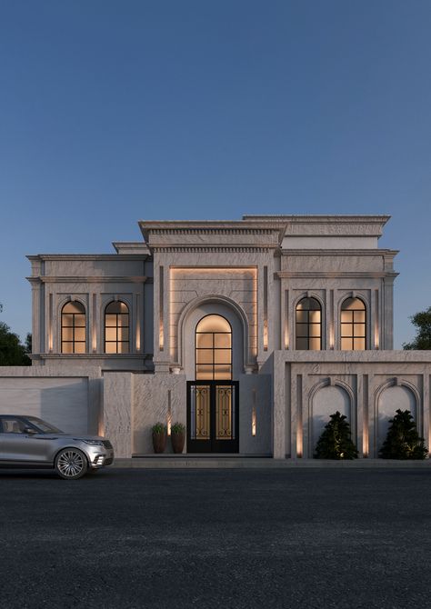 SHRY_Private villa in Riyadh on Behance Classic Villa Exterior, New Classic Villa, Classic Villa Design, Classical Villa, Classical Facade, Villa Exterior Design, Fasad Design, Classic Facade, Home Designs Exterior