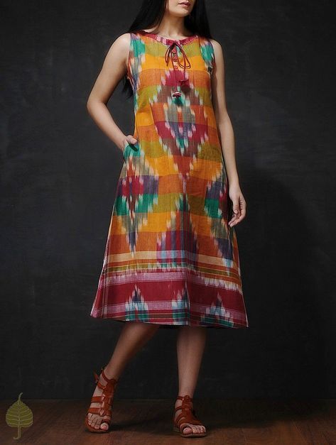 Buy Multicolor Multicolored Front Tie Up Handloom Cotton Dress SALE! Online at Jaypore.com Saree Upcycle, Cotton Dress Pattern Indian, Tailoring Ideas, Saree Reuse, Cotton Dress Pattern, Cotton Dresses Online, Kalamkari Dresses, Ikkat Dresses, Kurti Embroidery