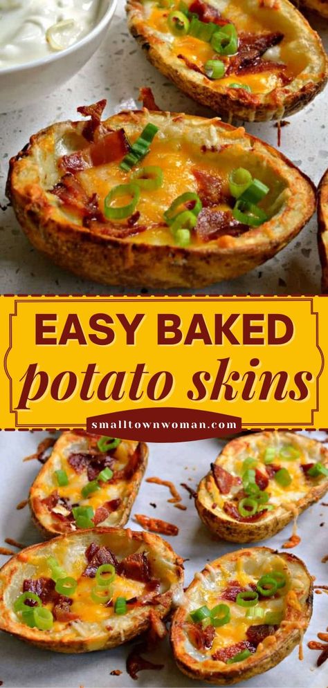 BAKED POTATO SKINS, game day food, football party, snack ideas, appetizer recipes Easy Memorial Day Food, Baked Potato Rounds, Potato Skins Appetizer, Crispy Potato Skins, Easy Baked Potato, Potatoe Skins Recipe, Baked Potato Skins, Crispy Baked Potatoes, Potato Appetizers