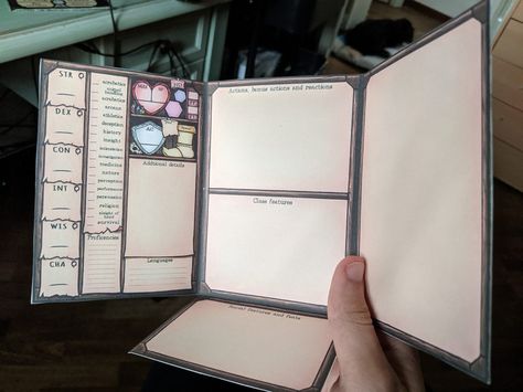 D&d foldable booklet charater sheet by TornioDuva Dnd Character Sheet Booklet, Dnd Character Design Sheet, Dnd Organizer, Ttrpg Ideas, Dnd Notebook, Dnd Journal, Character Info, Dnd Character Sheet, Dnd Crafts