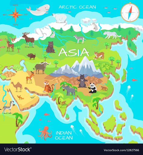 Asian Animals, Cartoon Map, Isometric Map, Asia Map, Arctic Ocean, Life Nature, Web Themes, Illustrated Map, Flat Vector