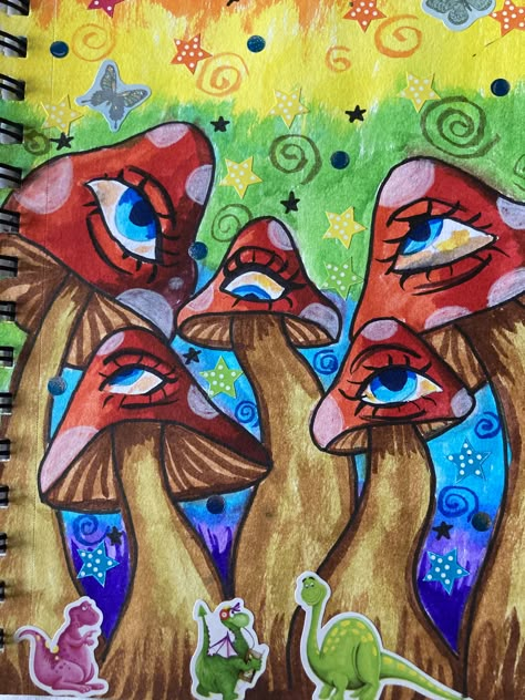 Mushroom Drawing Marker, Mushroom Eye Painting, Trippy Pumpkin Painting, Trippy Butterfly Art, Hippy Art Aesthetic, Boho Drawing Hippie Art, Alex Gray Art, Painting Outside, Hippie Painting