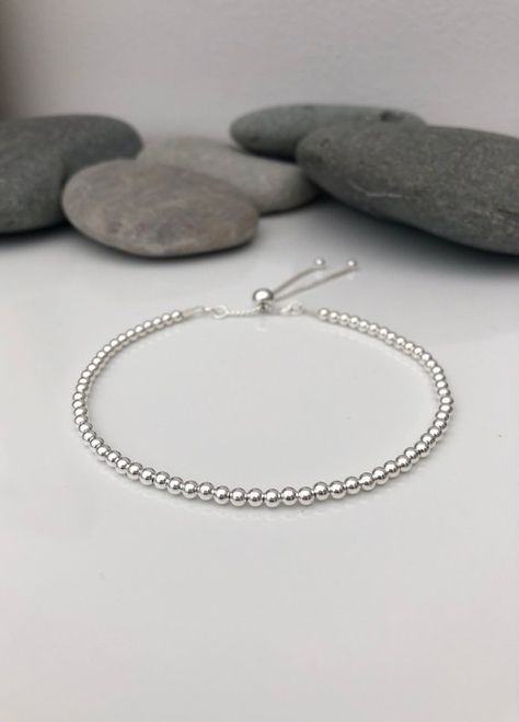 Silver Beaded Bracelet, Slider Bracelet, Sterling Silver Bead Bracelet, Bracelet Simple, Silver Bead Bracelet, Gold Diamond Earrings, Beading Wire, Silver Bead, Jewellery Ideas