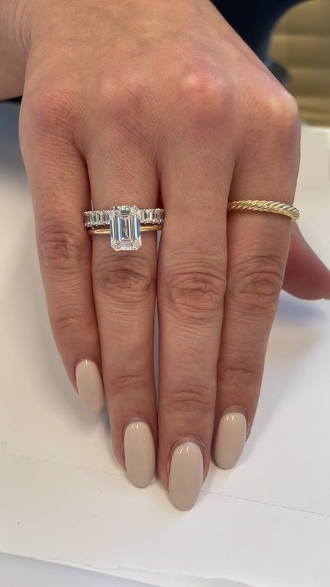 Her Rock | Lab Grown Diamonds on Instagram: “Sensational ✨ #emeraldcut #emeraldring #ringstack #sensational #loveyou” Emerald Cut Wedding Band, Emerald Cut Solitaire, Dream Wedding Ring, Emerald Ring Engagement Diamond, Ring Cuts, Moissanite Engagement Rings, Solitaire Diamond Engagement Ring, Future Engagement Rings, Emerald Cut Engagement