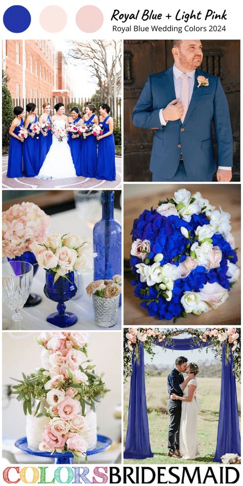 Best 8 Royal Blue Wedding Colors for 2024 - Royal Blue and Light Pink Royal Blue And Peach Wedding, Blue And Light Pink Wedding, Royal Blue Wedding Colors, Bridesmaid Dresses Light Pink, Wedding Color Royal Blue, Royal Wedding Colors, Different Blue Shades, Light Pink Bouquet, July Wedding Colors