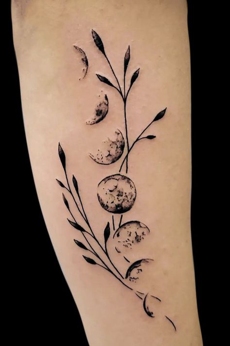 Minimalistic moon phases with simple black leaves/stems Vines Tattoo, Feminine Skull Tattoos, Earthy Tattoos, Moon Phases Tattoo, Ghost Tattoo, Witch Tattoo, Omerta Tattoo, Vine Tattoos, Tattoo Designs For Girls