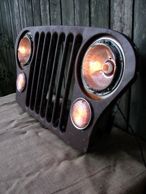 BenclifDesigns Industrial Decor Projects, Grill Wall, Grilling Art, Car Part Art, Light Wall Decor, Rustic Vintage Decor, Grill Light, Vintage Jeep, Jeep Grill