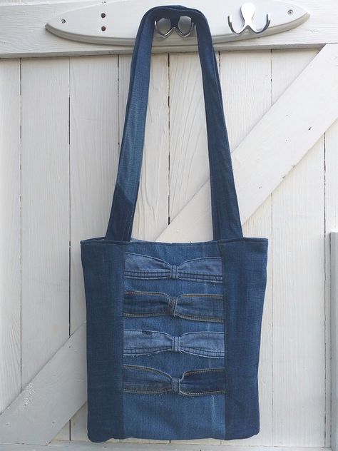 Bow design denim tote by Dollychopsbags on Etsy Recycled Denim Tote, Side Bags For Women, Yellow Satin, Medium Sized Bags, Baby Fabric, Upcycle Jeans, Denim Tote Bags, Denim Tote, Casual Evening