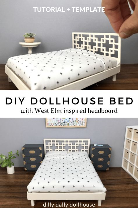 DIY Dollhouse Bed with Detached West Elm Inspired Headboard - Tutorial at dillydallydollhouse.com Barbie Doll Bedroom Diy, Dollhouse Diy Bed, Dollhouse Nightstand Diy, Cricut Dollhouse Furniture, Barbie Bed Diy, Cricut Dollhouse Projects, Dollhouse Headboard, Diy Dollhouse Bed, Cricut Dollhouse