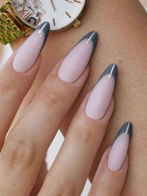 long, dark gray French tips with a golden line accent Gunmetal French Tip Nails, Gray Nails White Tips, Grey And Pink French Tip Nails, Dark Grey French Tip Nails, Grey Nails French Tip, Grey Almond Acrylic Nails, Dark Grey Nail Designs, Gray French Nails, Dark Gray Nails Design