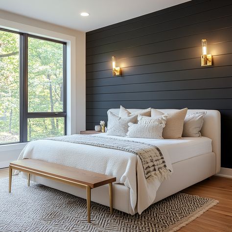 Bed Accent Wall Ideas, Tongue And Groove Accent Wall Bedroom, Master Bedrooms Feature Wall, Shiplap Interior Walls, Vertical Shiplap Bedroom Accent Wall, Bedroom Wall Accent Ideas, Shiplap Bedroom Accent Wall, Tongue And Groove Bedroom, Wood Panel Walls Bedroom