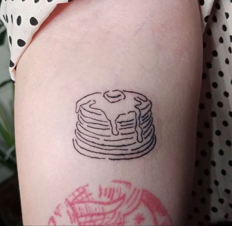 Short Stack Pancakes Tattoo, Pancake Tattoo Simple, Small Cake Tattoo, French Toast Tattoo, Pancake Tattoo Ideas, Stack Of Pancakes Tattoo, Waffle Tattoo, Pancake Tattoo, Breakfast Tattoo