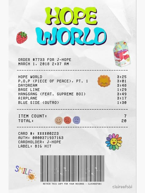 j-hope, hope world, album receipt Receipt Sticker, Album Receipt, Bts Tickets, Desain Editorial, Hope World, Kpop Posters, Bts Aesthetic Pictures, Kpop Edits, Art Collage Wall