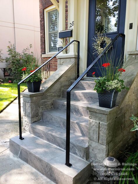 Front Porch Steps Railing, Railing For Outdoor Stairs, Exterior Handrails For Steps, Front Stair Railing Exterior, Exterior Railings For Stairs, Porch Step Railing Ideas, Outdoor Handrails For Stairs Front Steps, Front Porch Handrail Ideas, Wood Railings For Stairs Outdoor