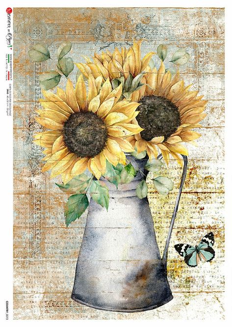 Paper Designs  A4 Decoupage Rice Paper SUNFLOWER IN A VASE 1 Sheet of A4, 8.3 x 11.7 Rice Paper. You will receive 1 SHEET of Rice Paper as shown.  MPN: COUNTRY_0073 Let your imagination run free with this colorful rice paper from Paper Designs! Printed in Italy. Sunflower In A Vase, Decoupage Rice Paper, Sunflower Vase, Paper Sunflowers, Rice Paper Decoupage, Crafter Gift, Paper Designs, Italian Artist, Decoupage Paper