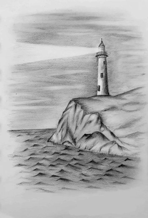 Charcoal Pencil Art Easy, Lighthouse Sketches, Easy Horse Drawing, Beach Sketches, Lighthouse Drawing, Tree Drawings, Pencil Tree, Landscape Pencil Drawings, Sea Drawing