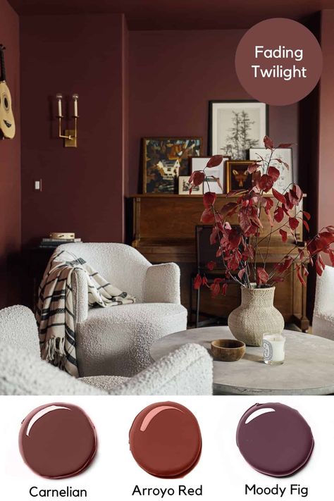 Trending Moody Paint Colors in Real Rooms • Craving Some Creativity Borscht Sherwin Williams, Maroon Fireplace, Sherwin Williams Fine Wine, Benjamin Moore Fading Twilight, Wine Color Paint, Arroyo Red Benjamin Moore, Wine Colored Room, Black Orange Paint, Burgundy Study Room