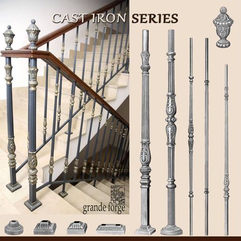 Baluster Design, Cast Iron Railings, Balcony Railings, Iron Railings, Stair Railing Design, Iron Balusters, Cnc Wood, Lan Can, Wooden Stairs