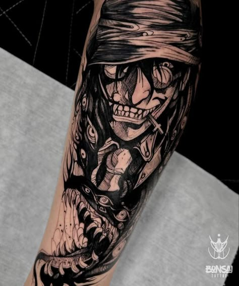 Dracula Tattoo Design, Dark Anime Tattoo Ideas, Hellsing Tattoo Ideas, Hellsing Tattoo, Dracula Tattoo, Dark Souls Tattoo, Graveyard Tattoo, Watercolor Tattoo Ideas, Anime Tattoo Ideas