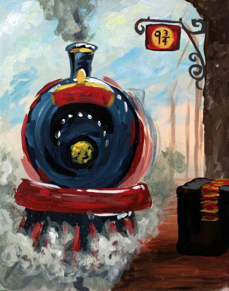 Hogwarts Train Painting, Harry Potter Easy Painting Ideas, Harry Potter Acrylic Painting Ideas, Hogwarts Train Drawing, Hogwarts Acrylic Painting, Harry Potter Art Painting Canvases, Hogwarts Painting Easy, Canvas Art Aesthetic Simple, Harry Potter Painting Ideas On Canvas