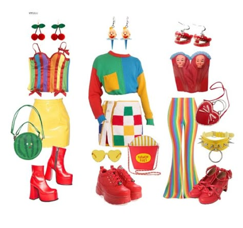 Clowncore Outfits Aesthetic, Primary Outfits, Clown Core Clothes, Clowncore Aesthetic Outfits, Weird Core Outfits, Clown Core Fashion, Kidcore Clowncore Outfits, Clowncore Overalls, Clowncore Clothes