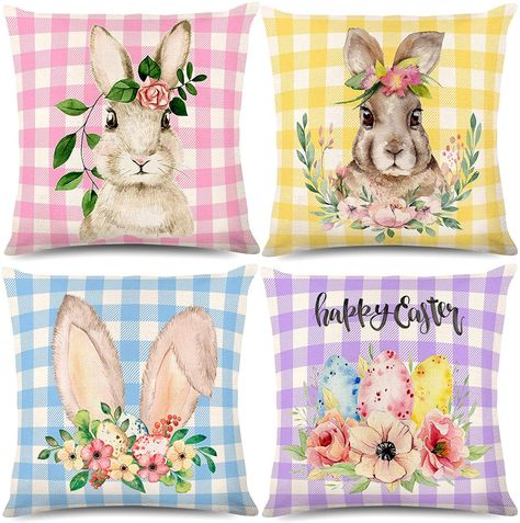 Easter Pillow Covers, Contemporary Farmhouse Decor, Easter Bunny Letter, Oster Dekor, Bunny Flower, Colorful Wreath, Easter Pillows, Bantal Sofa, Sofa Pillow Covers