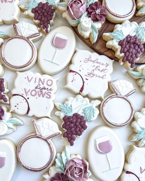 Vino before Vows. 🍷 🍇 ☀️ Color palette chosen was White, Mauve, Maroon and a touch of mint. Thank goodness for all the floral classes I… | Instagram Wine Wedding Shower, Winery Bachelorette Party Ideas, Winery Bachelorette Party, Bachelorette Party Cookies, Vino Before Vows, Bridal Shower Wine Theme, Wine Stain, Wine Bachelorette Party, Bridal Shower Wine