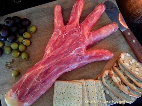 After starting off my 'Summer of Halloween' blogs with a way cool candy recipe , now we're really off and running with Halloween spirit wi... Amputated Arm Appetizer, Procuitto Hand Halloween, Prosciutto Arm Halloween, Cheese Hand Halloween, Halloween Procuitto Hand, Prosciutto Halloween, Halloween Meat Hand, Prosciutto Hand Halloween, Amputated Appetizer