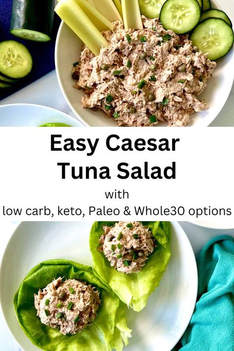 This Caesar Tuna Salad is a fun and easy spin on the classic tuna salad. You just need a few store-bought ingredients to create a creamy, tangy tuna salad with Caesar salad dressing. Serve it on bread, lettuce cups or sliced veggies. It's a healthy lunch recipe that takes just minutes to make. It's great for meal prep, too. And it can be gluten-free, dairy-free, low carb, keto, Paleo and Whole30 friendly! Classic Tuna Salad Recipe, Paleo Sushi, Paleo Tuna Salad, Low Carb Tuna Salad, Whole30 Sweet Potato, Sardine Salad, Salad Low Carb, Tuna Salad Recipe Healthy, Classic Tuna Salad